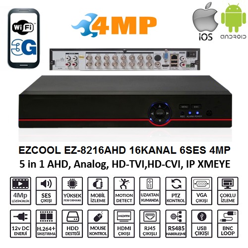 EZCOOL EZ-8216AHD 16 KANAL 2 SES 2HDD HDML AHD DVR