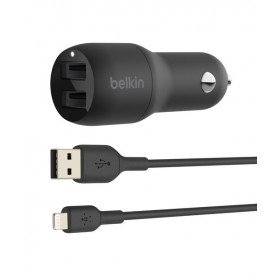 Belkin 24W  Hızlı Araç Şarj Cihazı 2 Port USB Siyah+Apple Lightning Kablo