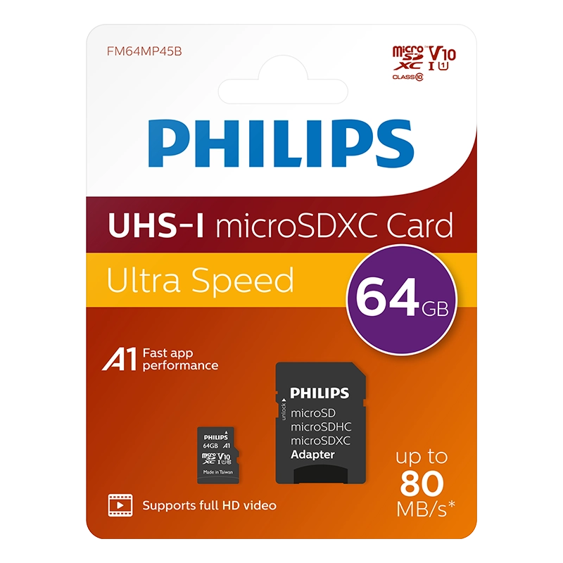 PHILIPS%2064GB%20MICRO%20SDXC%2080%20MB/S%20C10%20FM64MP45B/00