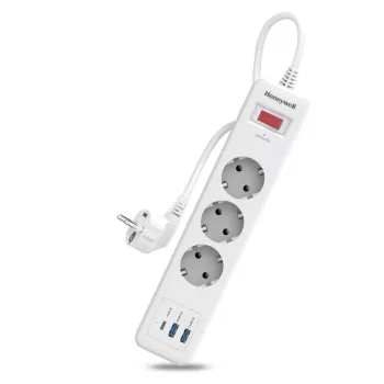 Honeywell 3’lü Akım Koruyucu Priz  2x USB-A + 1x USB-C 20W PD - Beyaz