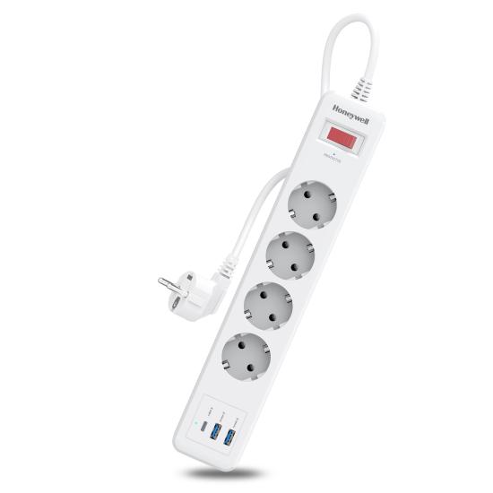 Honeywell 4’lü Akım Koruyucu Priz  2x USB-A + 1x USB-C 20W PD - Beyaz