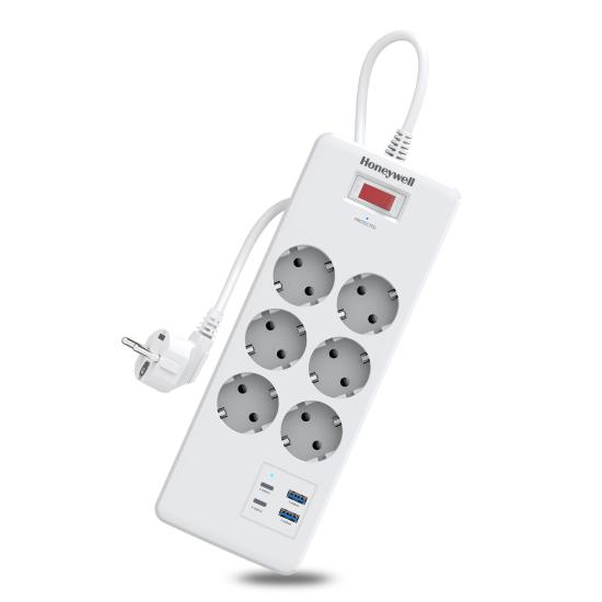 Honeywell 6’lı Akım Koruyucu Priz  2x USB-A + 2x USB-C 20W PD - Beyaz