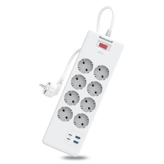 Honeywell 8’li Akım Koruyucu Priz  2x USB-A + 2x USB-C 20W PD - Beyaz