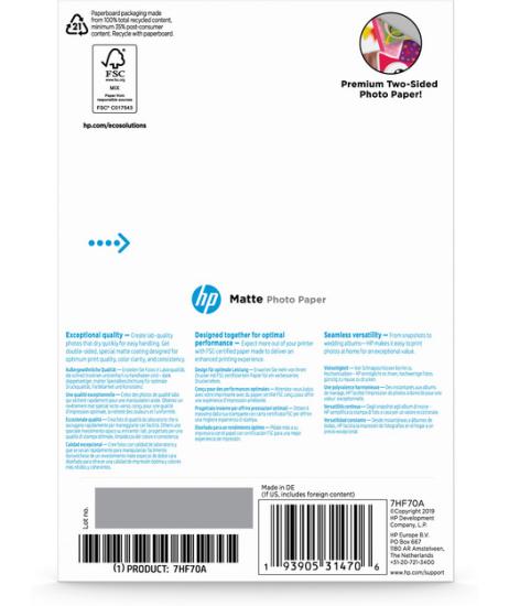 HP 7HF70A Matte FSC Photo Paper 4x6 25 sheets