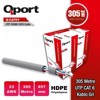 QPORT Q-CAT6Y 305 METRE 23AWG GRI CAT6 UTP PE KABLO
