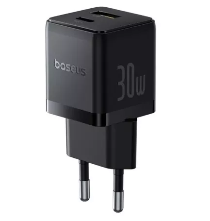 Baseus Palm Serisi Type-C ve Usb Portlu 30W EU Şarj Adaptörü-Siyah