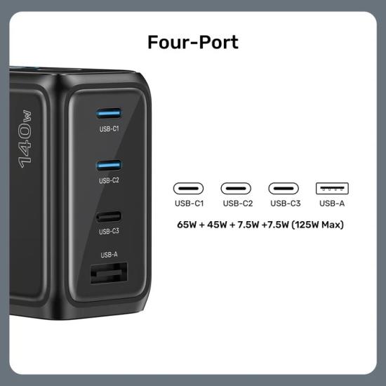 UNITEK REXO 140W 4 PORTLU AKILLI EKRANLI GAN SARJ CİHAZI  (P1132ABK01-EU)