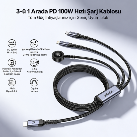 UNITEK USB-C 3' U 1 ARADA 100 W HIZLI SARJ KABLOSU 1.2M (C14180AGY01-1.2M)