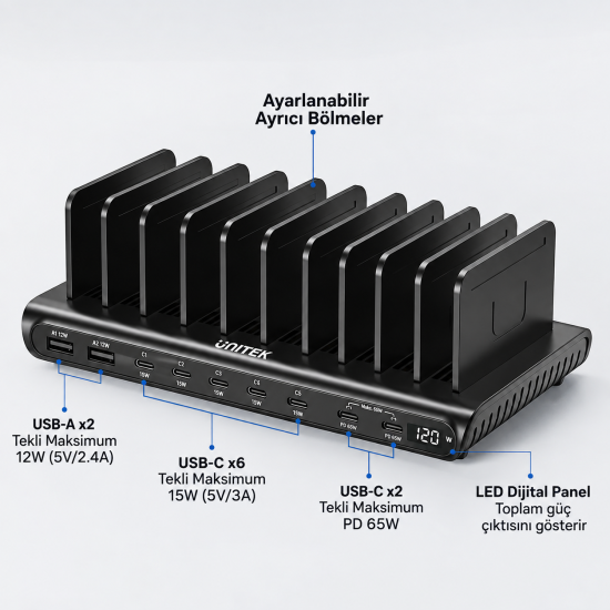 UNITEK UCHARGE 120W 10 BAĞLANTI NOKTALI AKILLI SARJ ISTASYONU (P1230EBK01-EU)