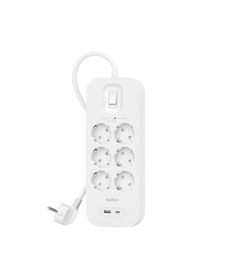 Belkin USB-C ve USB-A Bağlantı Noktalı Aşırı Gerilim Koruyucu (1 USB-C ve 1 USB-A ile 6 Çıkış)