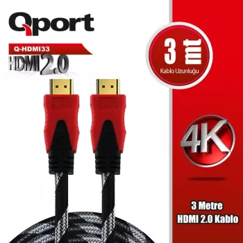 QPORT Q-HDMI33 3 METRE 2.0V 4K  ALTIN UÇLU ÖRGÜLÜ KABLO