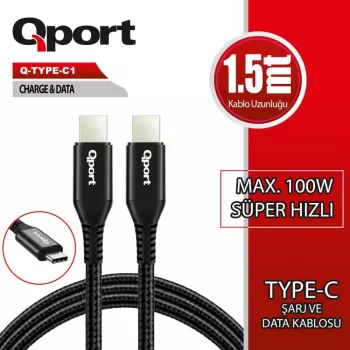 QPORT Q-TYPE-C1 1.5M TYPE-C 100W SUPER HIZLI PD SARJ VE DATA KABLOSU