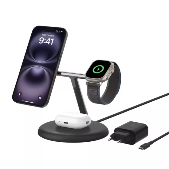 Belkin Qi2 15W 3in1 Magsafe Kablosuz Şarj Stand - Siyah