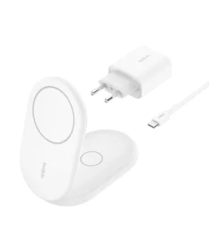 Belkin WIZ028 BoostCharge Pro Qi2 15W 2’si 1 arada Manyetik Katlanabilir Kablosuz Şarj Cihazı - Beyaz