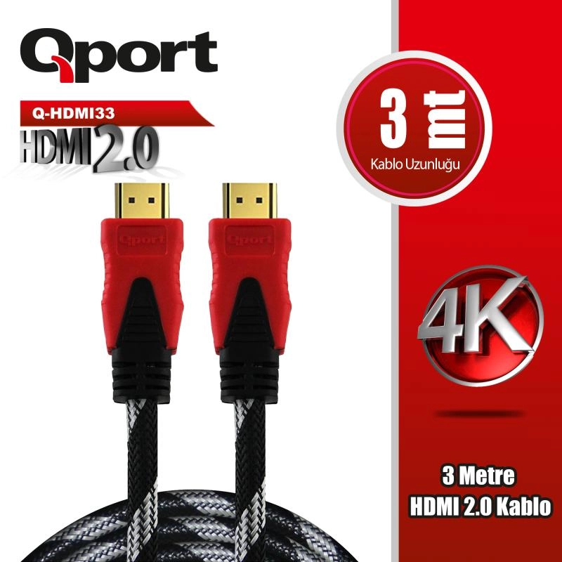 QPORT%20Q-HDMI33%203%20METRE%202.0V%204K%20%20ALTIN%20UÇLU%20ÖRGÜLÜ%20KABLO