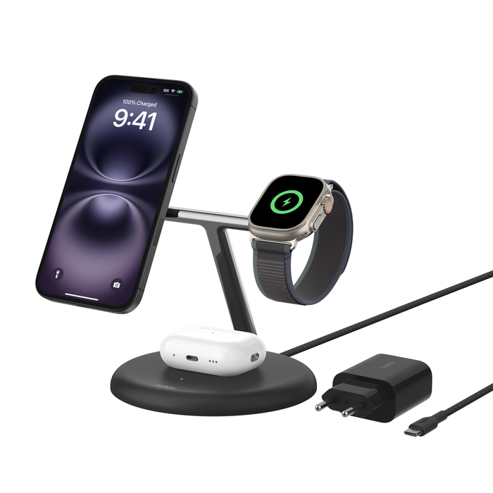 Belkin%20Qi2%2015W%203in1%20Magsafe%20Kablosuz%20Şarj%20Stand%20-%20Siyah